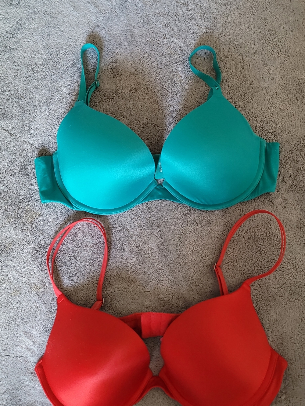 Pink Victoria's Secret Bras 2 Size 36c Red Green Push Up Demi Uplift EUC Sexy